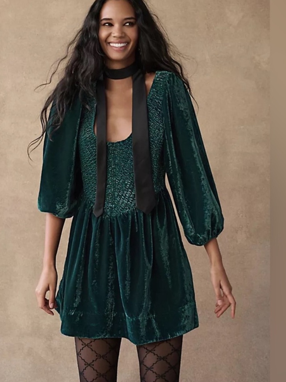 BOGO! NWT Free People Farrier Velvet Smocked Mini Dress Emerald Green XS